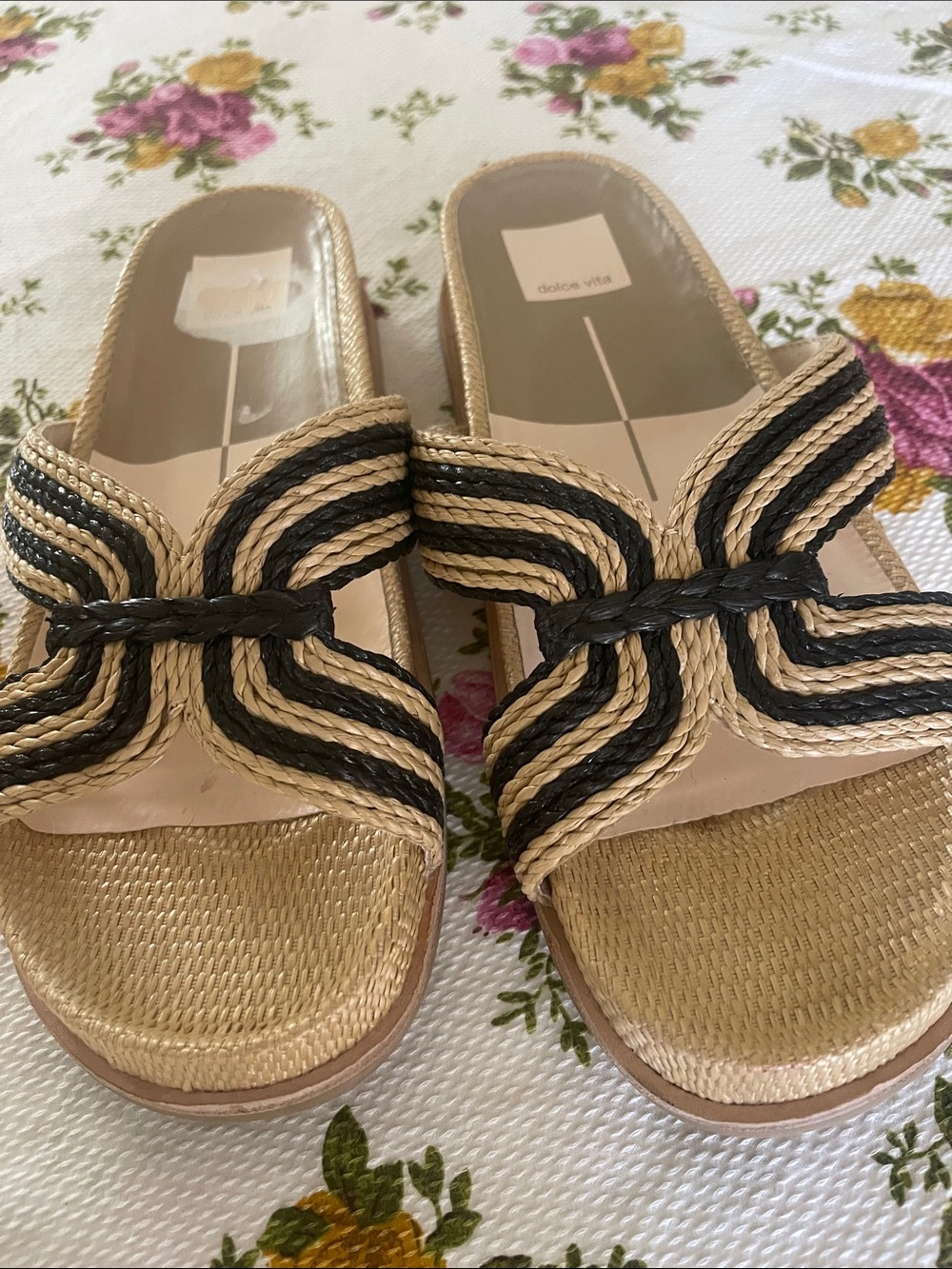 Dolce Vita Beige and Black Braided Bow Slide Sandals